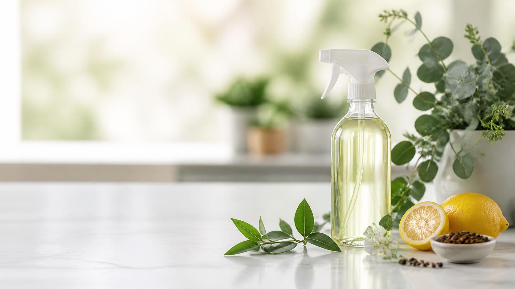Botella de limpiador doméstico con ingredientes de origen vegetal sobre un fondo natural